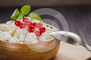 cottage cheese with red currant in a wooden plate/cottage cheese with red currant in a wooden plate on a dark backgraund