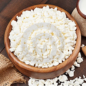 Cottage cheese in rustic wooden bowl