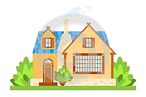 Cottage country house exterior flat design vector illustration. Sweet home facade front view clip art photo