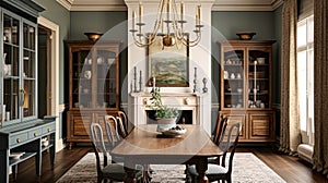 Cottage dining room decor, interior design and dark wood country house furniture, home decor, table and chairs, English