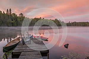 Cottage Dock on a Canadian Lake at Dawn at Dawn photo