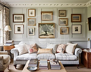 Cottage gallery wall, wall art, home decor and framed art in the English country house interior with antique furniture