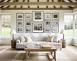 Cottage gallery wall, wall art, home decor and framed art in the English country house interior with antique furniture