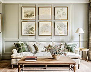 Cottage gallery wall, wall art, home decor and framed art in the English country house interior with antique furniture