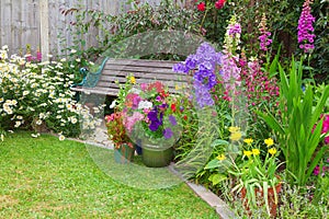 Cottage garden with bench and containers full of flowers photo