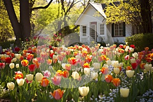 A cottage garden with a blooming tulips flowers in the spring