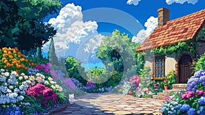 Cottage Garden Scene With A White Cat