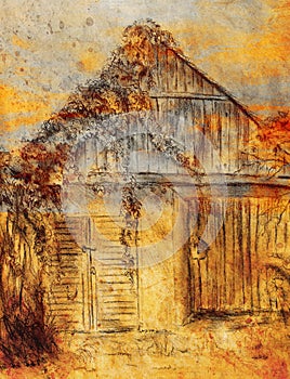 Cottage hand drawing and wild grapevine. Draving on old paper.