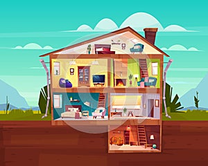 Cottage house cross section rooms plan vector