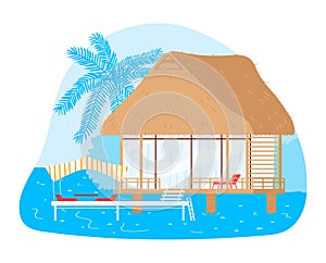 Cottage house under water, tropical landscape background, vector illustration. Hut at seascape, seaside shore with small