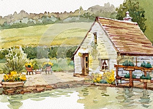 Cottage house watercolor painting at country side