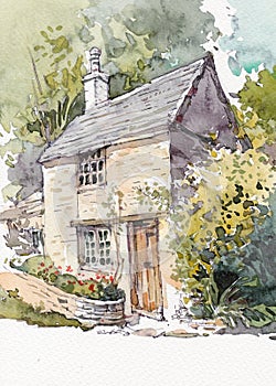 Cottage house watercolor painting at country side