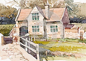 Cottage house watercolor painting at country side