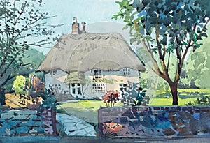 Cottage house watercolor painting at country side photo