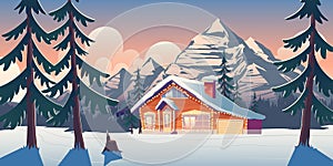 Cottage house in winter mountains cartoon vector