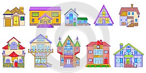 Cottage houses in various styles, vector illustration, set of cottages and townhouses facade buildings design, home