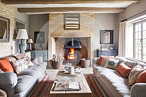 Cottage interior with modern design and antique furniture, home decor, sitting room and living room, sofa and fireplace