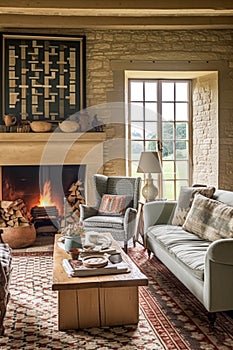 Cottage interior with modern design and antique furniture, home decor, sitting room and living room, sofa and fireplace