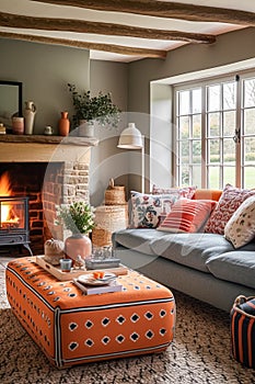 Cottage interior with modern design and antique furniture, home decor, sitting room and living room, sofa and fireplace