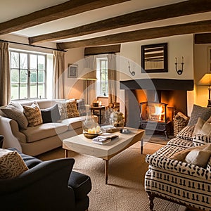 Cottage interior with modern design and antique furniture, home decor, sitting room and living room, sofa and fireplace