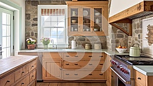 Cottage kitchen decor, interior design and country house, wooden in frame kitchen cabinetry, sink, stove and stone countertop,