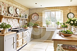 Cottage kitchen decor, interior design and house improvement, classic English in frame kitchen cabinets, countertop and