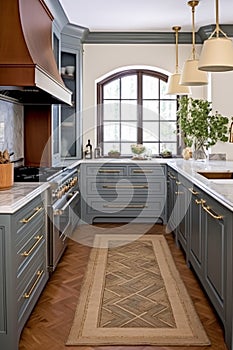 Cottage kitchen interior design, home decor and house improvement, English muted blue in frame kitchen cabinets in a