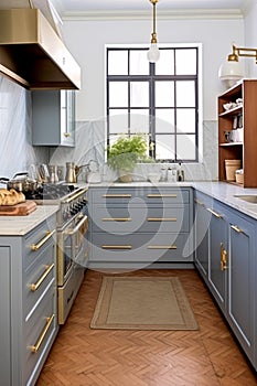 Cottage kitchen interior design, home decor and house improvement, English muted blue in frame kitchen cabinets in a country house