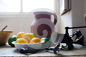 Cottage kitchen. Lemons on a vintage English country kitchen tab