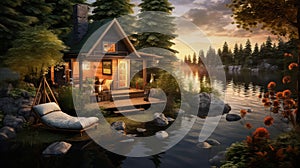 Cottage by a lake photo realistic illustration - Generative AI.