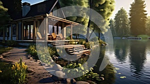 Cottage by a lake photo realistic illustration - Generative AI.