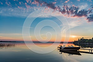 Cottage Lake Sunrise with Boat at Dock in Kawartha Lakes Ontario Canada photo