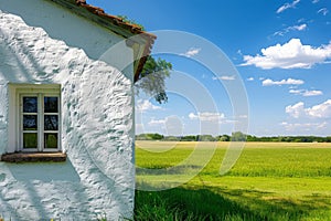 Cottage with pure white wall. Blue sky and green field on the background. Generative AI