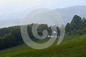 Cottage in the rain. Mountains in the summer on a rainy day. White Carpathians Czech Republic.