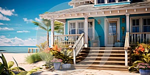 cottage residential exterior with weathered shingles, a wraparound porch, and beach-inspired decor.