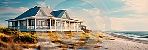 cottage residential exterior with weathered shingles, a wraparound porch, and beach-inspired decor.