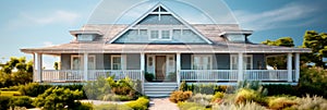 cottage residential exterior with weathered shingles, a wraparound porch, and beach-inspired decor.