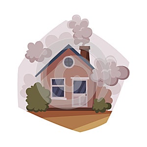 Cottage with Smoke Coming out from Chimney, Ecological Problem, Air Pollution Vector Illustration