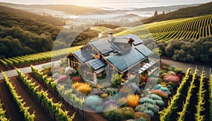 Cottage with solar panels on the vineyard farm, with a backdrop of vibrant, natural landscaping. Generative AI