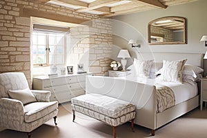 Cottage style bedroom decor, interior design and home decor, bed with elegant bedding and bespoke furniture, English