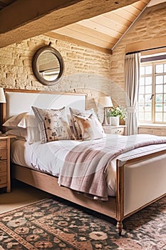 Cottage style bedroom decor, interior design and home decor, bed with elegant bedding and bespoke furniture, English