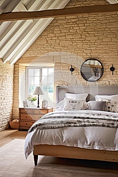 Cottage style bedroom decor, interior design and home decor, bed with elegant bedding and bespoke furniture, English