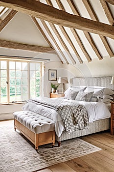 Cottage style bedroom decor, interior design and home decor, bed with elegant bedding and bespoke furniture, English