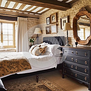 Cottage style bedroom decor, interior design and home decor, bed with elegant bedding and bespoke furniture, English