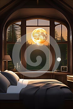 A cottage-style bedroom with rustic furniture, view of a moon-dappled forest through a large bay window, warm and glow light