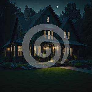 Cottage Style House With Large Green Yard , Trees, Fance and Stone Path, Night, Soft warm Light From Windows, Generative Ai