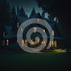 Cottage Style House With Large Green Yard , Trees, Fance and Stone Path, Night, Soft warm Light From Windows, Generative Ai