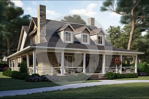 cottage-style house with wrap-around porch and stone exterior