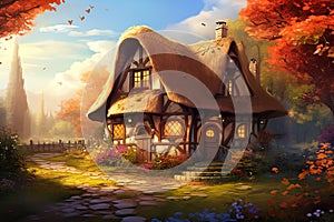 A cottage with a thatched roof nestled among vibrant gardens vector fall background