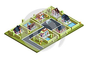 Cottage village isometric. Suburban modern residential houses townhouses in small town with infrastructure vector